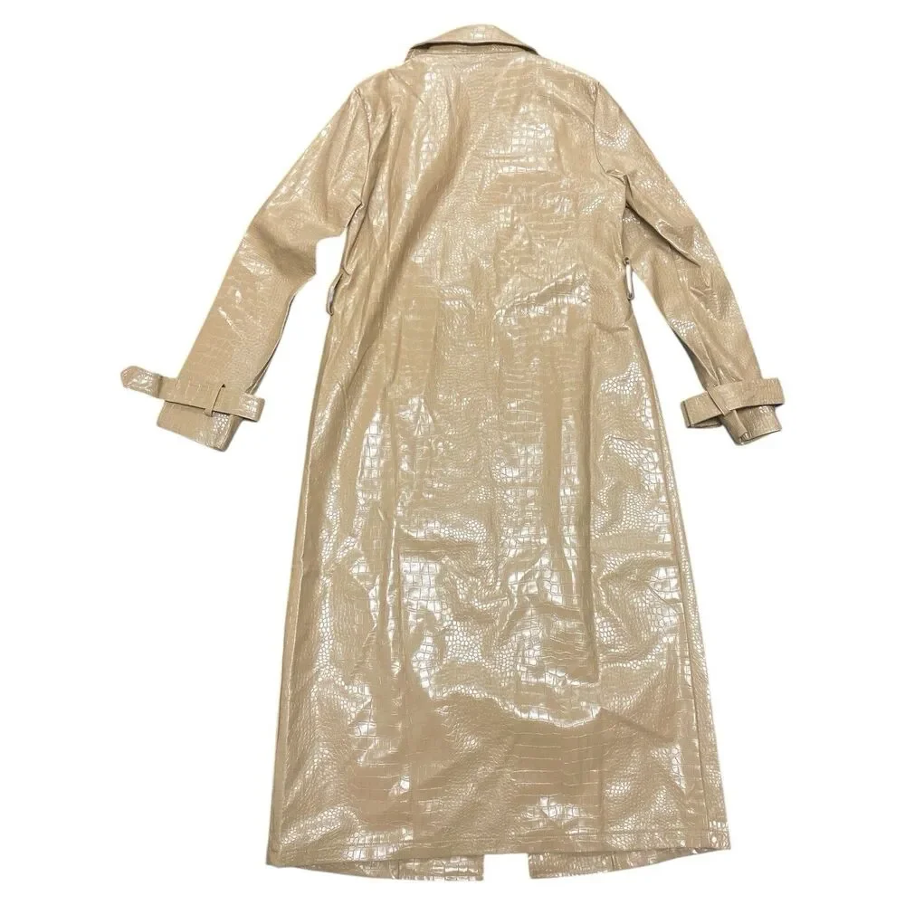NWT Hot & Delicious Long Trench Coat Faux Leather W Pockets Small Taupe No Belt - Picture 4 of 6